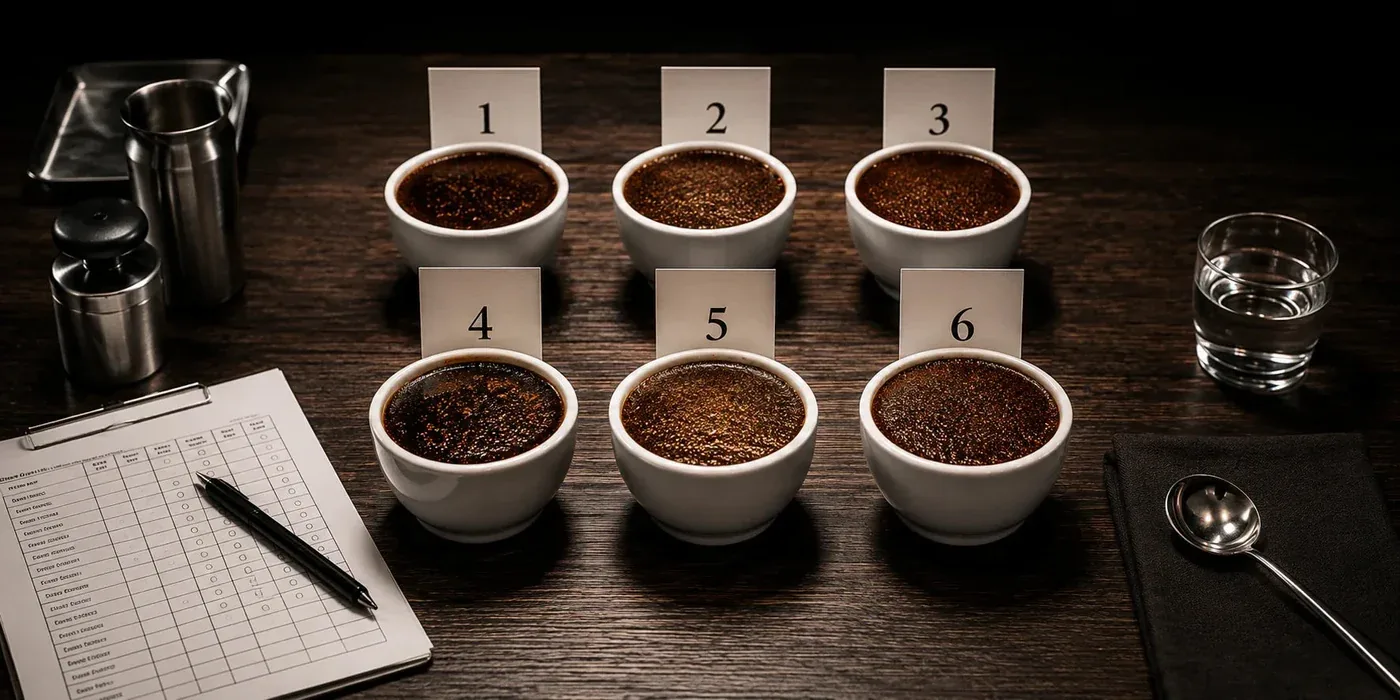 Cupping bowls numbered for a specialty coffee grading session